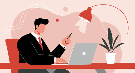 Professional businessman diligently working on a laptop at his desk with a pen and lamp. Represents focused productivity, remote work, and modern business tasks.