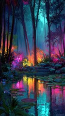 Fototapeta premium Ethereal, vibrant forest scene with bioluminescent flora reflecting in a calm, colorful pond; tall, slender trees enclose a mystical, dreamlike atmosphere