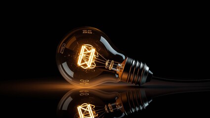 Glowing light bulb resting on a reflective surface.