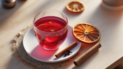 A glass of red fruit tea with cinnamon sticks and dried citrus slices on a white plate.