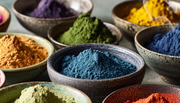 Variety of superfood powders in bowls, vibrant and colorful, rustic kitchen counter