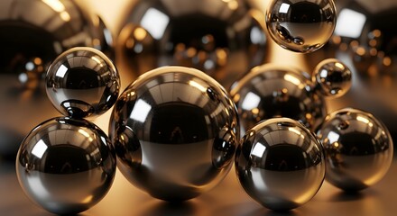 A close-up view of multiple reflective chrome steel ball bearings with a warm, blurred background.