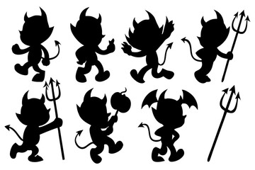 Cute Devil Silhouette Vector Set | Little Demon Cartoon Characters with Pitchforks