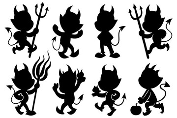 Cute Devil Silhouette Vector Set | Little Demon Cartoon Characters with Pitchforks