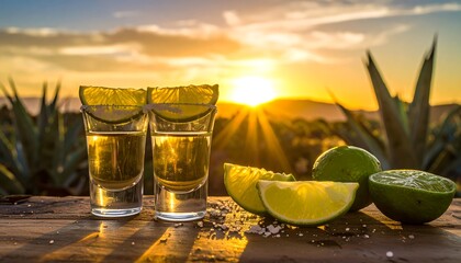 Tequila shots at sunset over agave plants