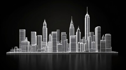 White Wireframe City Skyline with Reflections on Dark Background