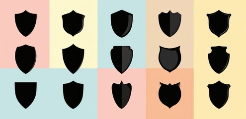 Collection of fifteen black shield silhouettes arranged on a pastel grid background