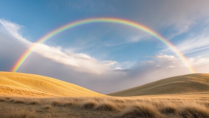 A rainbow arching over rolling golden hills with blue sky and clouds. Nature landscape scene with vibrant colors and peaceful atmosphere.