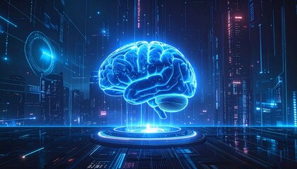 Futuristic Brain Interface Over Cyberpunk Cityscape, Digital Intelligence and Advanced Technology Convergence Concept