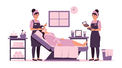 Beauty professionals pampering a client with facial treatments and makeup application in a salon setting