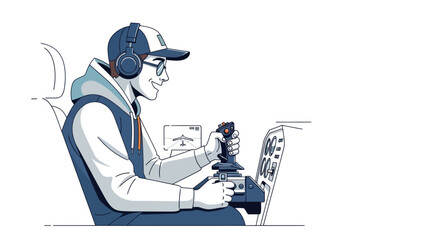 A young gamer wearing a cap and headphones smiles while playing a video game with a joystick.