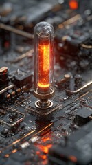 Glowing orange gas-filled tube, mounted on a dark, intricate circuit board; metallic accents; close-up view