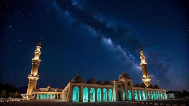 Stunning night time lapse of Jamkaran Mosque in Qom, Iran, showcasing stars, Milky Way galaxy, and vibrant city lights.