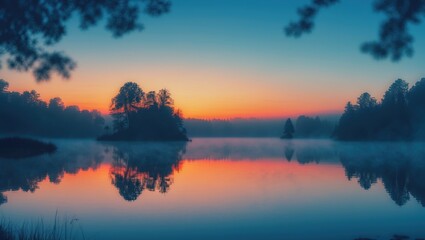 Serene lake scene at dawn with calm water, silhouetted trees, and a colorful sky reflecting on the surface. Nature and landscape photography. Tranquility and morning atmosphere.