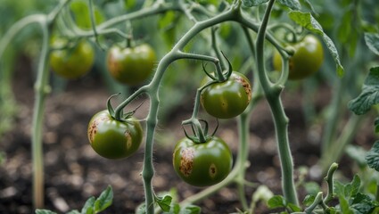 Green tomatoes on the vine showing early ripening and plant growth. Agriculture and farming, plant development, natural environment. The concept of horticulture and crop cultivation