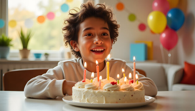 Happy young African-American boy celebrating birthday with cake and candles at home  