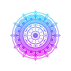 Colorful mandala design with blue and purple gradient on a white background