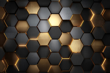 Abstract hexagon pattern black gold glowing edges modern design