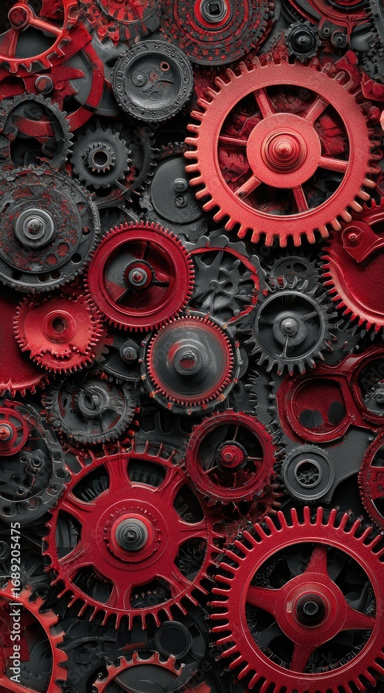 Poster intricate array of interlocking red and dark gray cogwheels; a dense, complex machinery texture