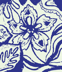 The modern blue of floral textile tropical bicolor grey and blue flower and leaves miniprint flowers geometric textile for clothes. A Seamless hand drawing pattern.