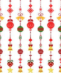 Seamless pixel art holiday celebration vector illustration mobile with a beautiful golden bell and ball hanging decoration pattern for a Christmas and Happy New Year greeting card