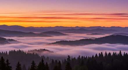 Obraz premium Breathtaking sunrise over misty mountain range with vibrant colors and a serene, peaceful atmosphere