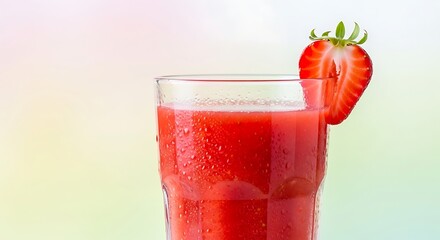 Refreshing strawberry smoothie with condensation on glass, garnished with fresh fruit slice, perfect for summer refreshment and healthy lifestyle content.