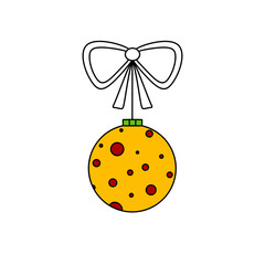 A yellow and red ornament with a bow is drawn in a coloring book