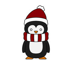 A penguin wearing a red and white scarf and a red hat