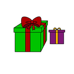 A green box with a red bow on it sits next to a purple box