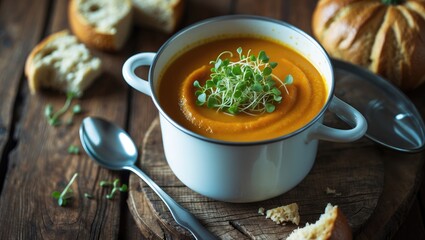 A bowl of pumpkin soup garnished with greens, surrounded by bread and croissants on a rustic wooden table.