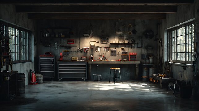 Full-length view of old garage with tools and workbench in dark gray with orange details, photorealistic image, wide-angle shot, cinematic style
