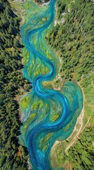 Aerial view of winding blue river amidst lush green forest, creating a mesmerizing, natural landscape