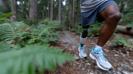A dynamic image capturing a runner with a prosthetic leg navigating a forest trail, showcasing resilience and the beauty of nature in motion.