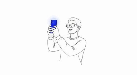 Minimalist line art illustration of a person in glasses holding a glowing smartphone to capture a moment or record a video