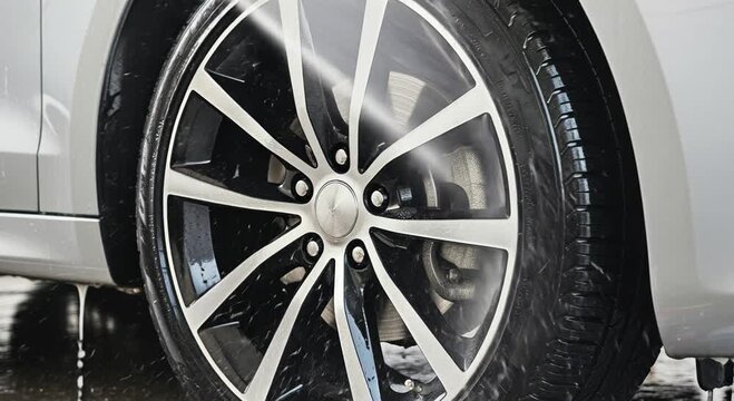 High pressure water sprays intensely onto a modern car's alloy wheel and tire during a thorough washing process.