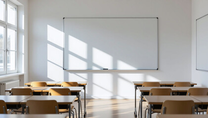 Empty classroom with sunlight illuminating the desks.