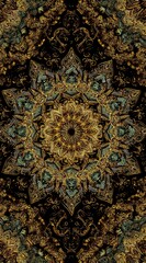 Ornate floral mandala in gold & teal.  Complex pattern with geometric elements, evoking ancient art, against a dark background, mystical & enchanting design