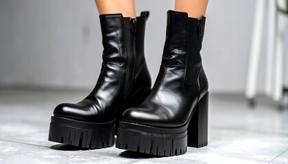 Black platform boots on feet