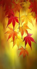 Vibrant display of Japanese Maple leaves showing reds, yellows, and oranges against a blurred, autumnal background