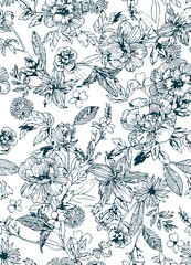 The modern blue of floral textile tropical bicolor grey and blue flower and leaves miniprint flowers geometric textile for clothes. A Seamless hand drawing pattern.