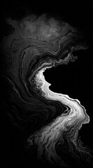 Abstract depiction of swirling smoke and flowing water in shades of black and white, creating a dynamic and textured artistic effect