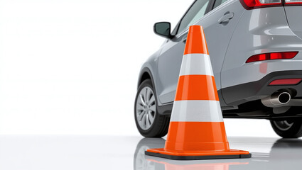 Orange traffic cone near a car on a white background.