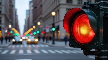 Red traffic light in urban city scene.