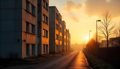 Obraz premium Serene Sunset: Golden Hour Illuminates Modern Apartment Buildings and Quiet Street Scene