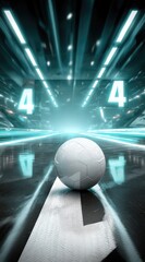 A white ball sits on a striped surface with number "4" designs in a glowing futuristic corridor background