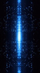 Symmetrical glowing blue light tunnel. Abstract dark background with radiant particles forming a geometric pattern