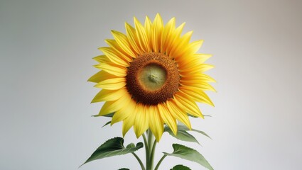 Obraz premium A sunflower with bright yellow petals and green leaves against a plain background.