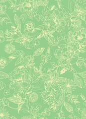 The modern blue of floral textile tropical bicolor grey and blue flower and leaves miniprint flowers geometric textile for clothes. A Seamless hand drawing pattern.