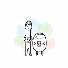 A charming and simple line art drawing of two friends, engrossed in their mobile devices, representing the digital age and online social interaction